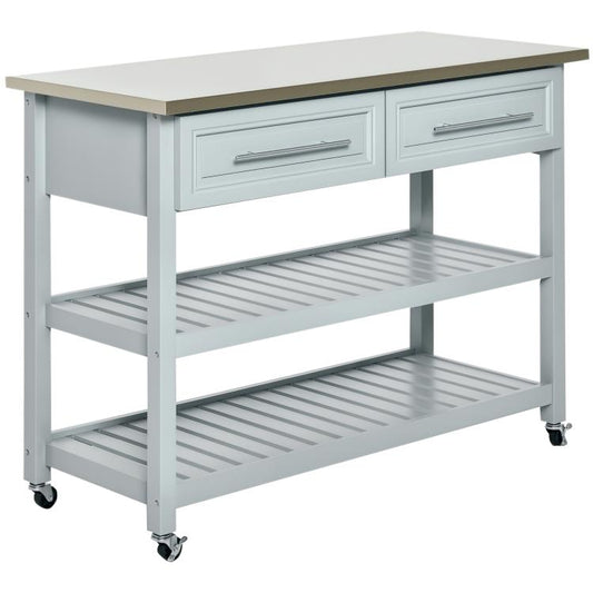 Kitchen Island with Stainless Steel Top, Traditional Kitchen Island with Storage, Light Gray