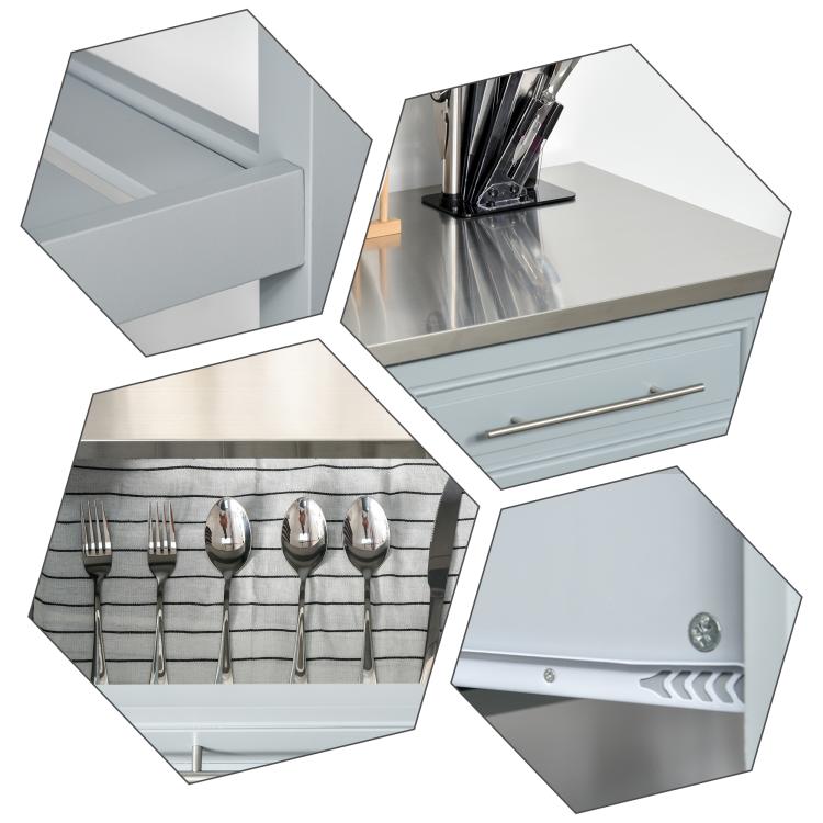 Kitchen island cart with drawer and open storage shelves, shown with accessories