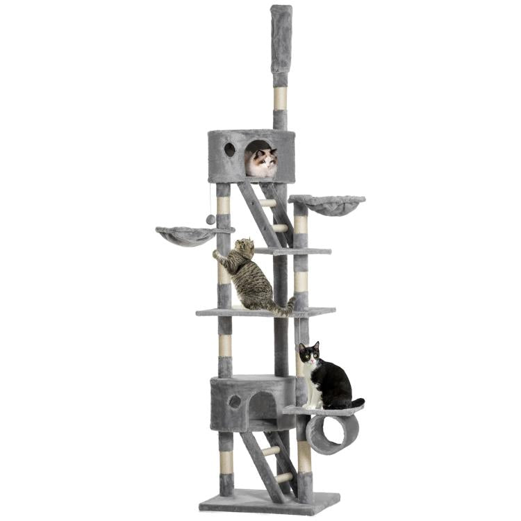Grey cat tree tower with plush condos, ramps, hammock perch and scratching posts