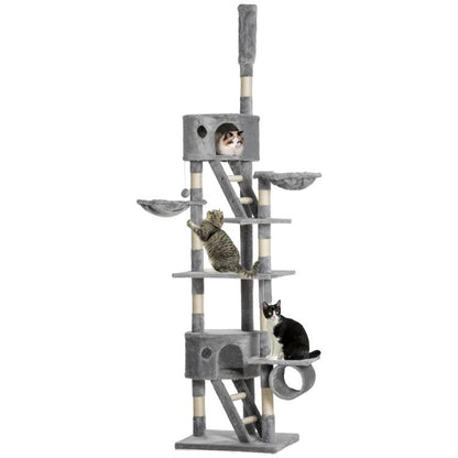 Grey cat tree tower with plush condos, ramps, hammock perch and scratching posts