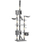Grey cat tree tower with stacked platforms, ladder ramp, hammock perch and scratching posts