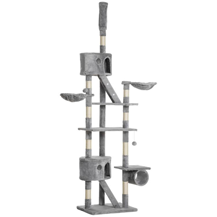 Grey cat tree tower with stacked platforms, ladder ramp, hammock perch and scratching posts