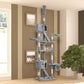 Grey cat tree tower with platforms and ramp, plush cube condo and side hanging perch