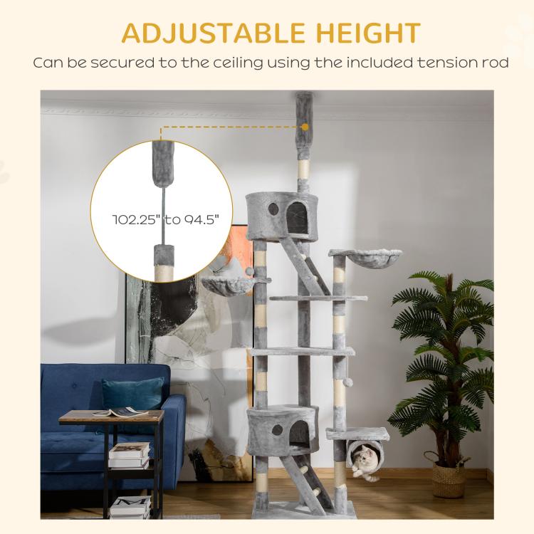 Grey adjustable cat tree with ladder ramp, plush condos, hammock perch and hanging ball