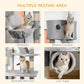 Grey cat tree with multiple resting areas: condos, perches and tunnel-style cat tube