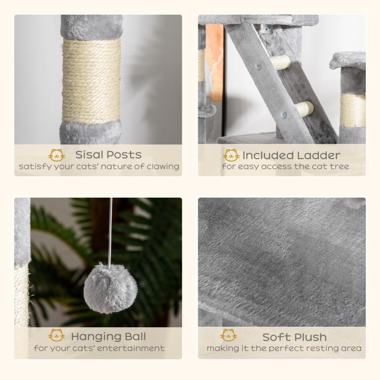 Grey cat tree close-up: sisal scratching posts, included ladder, soft plush surfaces
