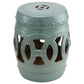 Antique blue ceramic garden stool with openwork double-coin ring design and vented sides.