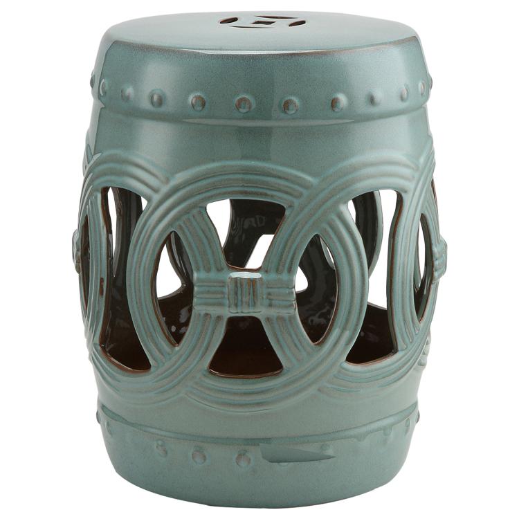 Antique blue ceramic garden stool with double-coin ring lattice and perforated top