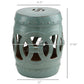 Antique blue ceramic garden stool with open double-coin ring design, round top and legs.