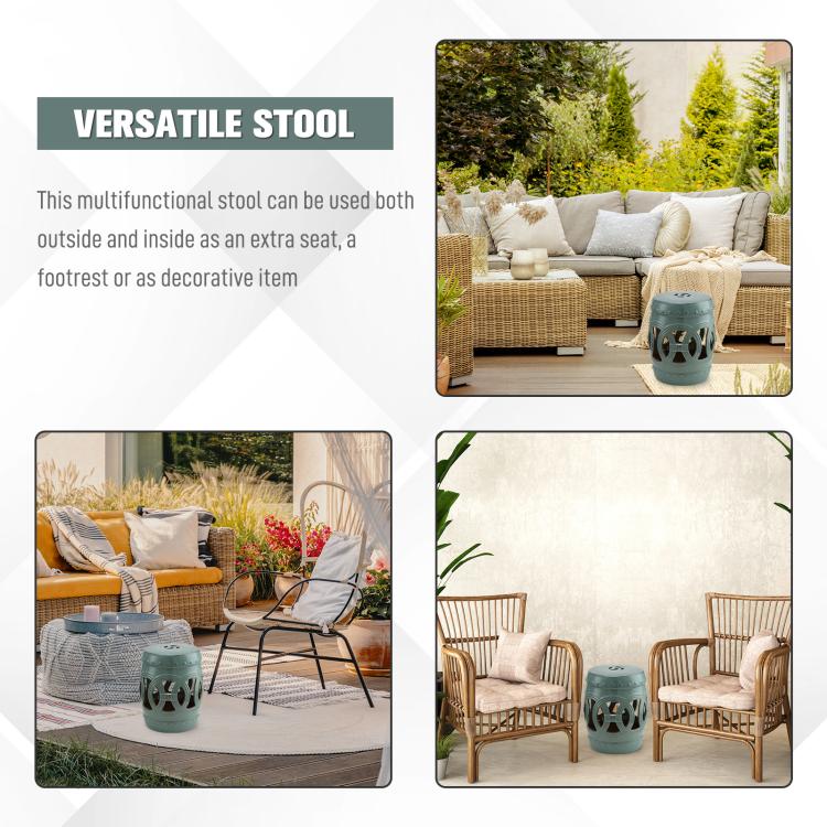 Antique blue ceramic garden stool with double-coin ring cutouts and round seat top.