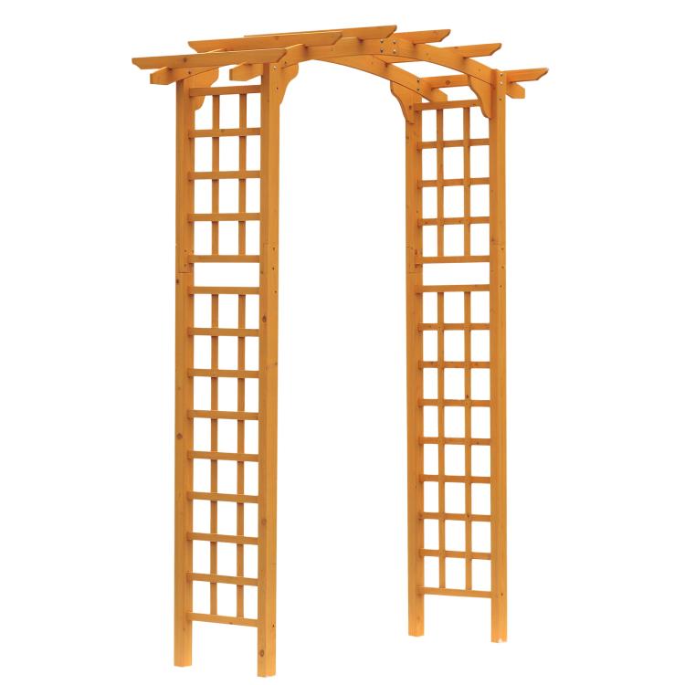 Wooden round-top garden pergola arbor trellis with lattice side panels, honey-brown finish