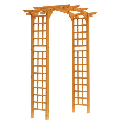 Wooden round-top garden pergola arbor trellis with lattice side panels, honey-brown finish