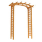 Honey-brown wooden garden arbor trellis with arched top and square lattice side trellises