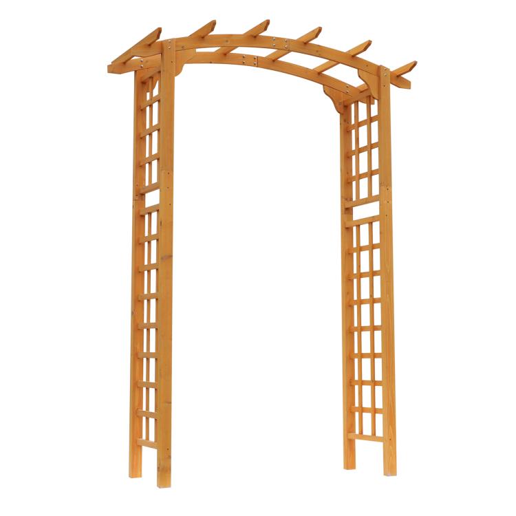 Honey-brown wooden garden arbor trellis with arched top and square lattice side trellises