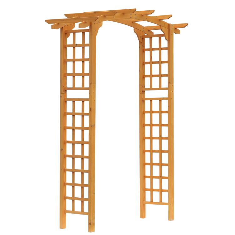 Wood garden pergola-style arbor trellis with arched top and lattice side panels