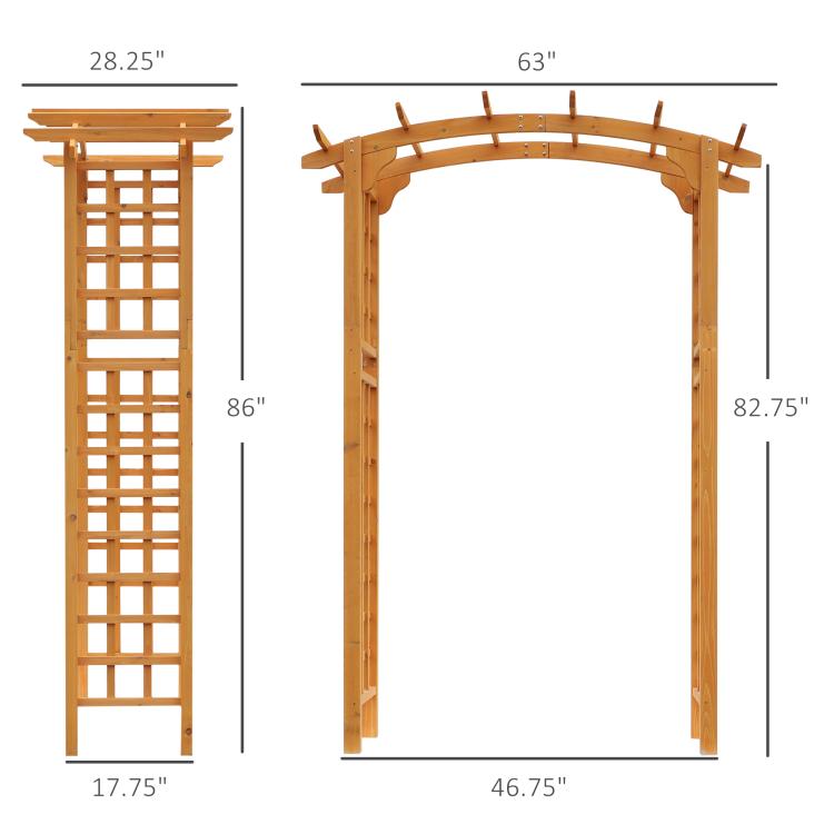 Wooden garden arbor trellis layout with side and front dimensions, arched round-top frame