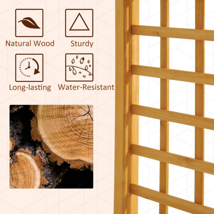Close-up of wooden trellis panel with grid squares in honey-brown finish