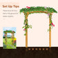 Wooden garden arbor trellis with leafy vines and flowers, arched top supported by posts