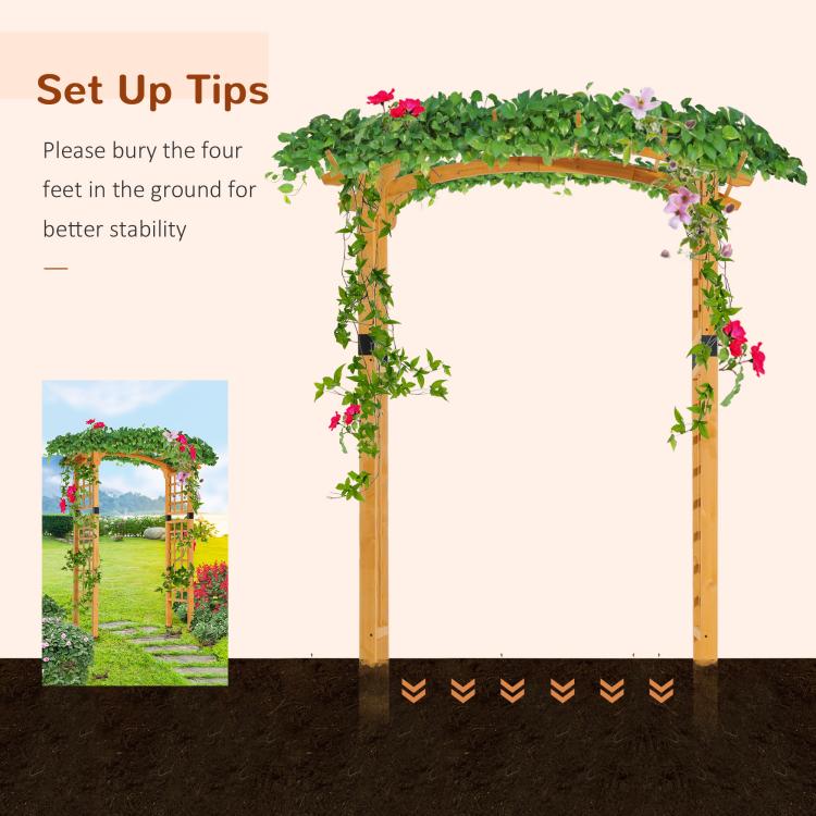 Wooden garden arbor trellis with leafy vines and flowers, arched top supported by posts