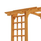 Close-up of honey-brown wooden arbor trellis top beam and lattice panel detail