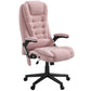 Pink velvet swivel office chair with curved arms, high back, and cushioned seat