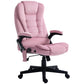 Pink velvet office chair with tall back, padded armrests, and black 6-wheel base