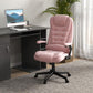 Pink velvet executive office chair with tall backrest and padded armrests on swivel base