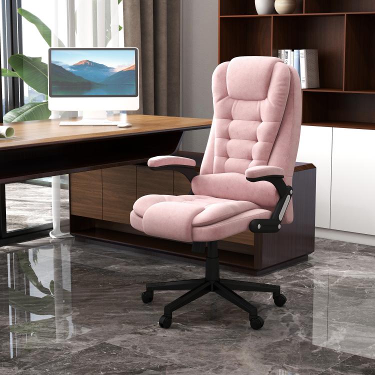 Pink velvet high-back office chair with flip-up armrests and cushioned seat