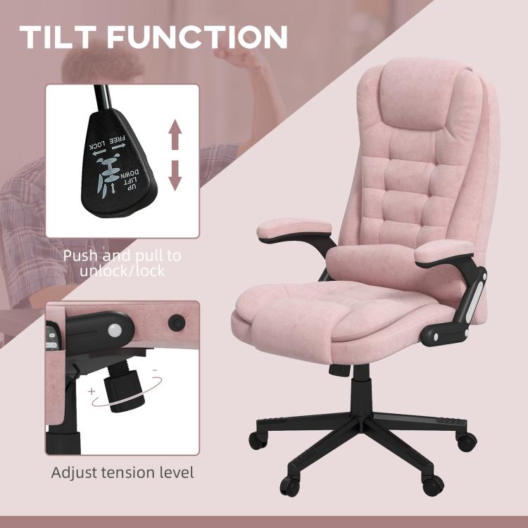 Pink velvet swivel office chair with tilt controls and padded recline backrest