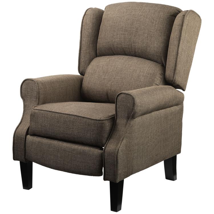 Brown upholstered recliner chair with curved arms and built-in footrest