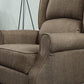 Brown fabric recliner chair showing padded armrest and seat cushions