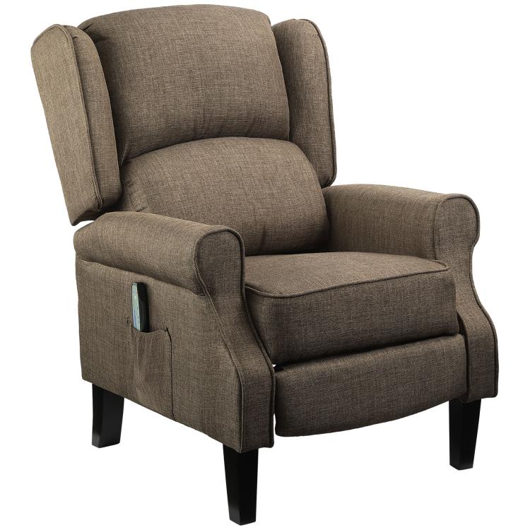Brown wingback recliner chair with tall backrest and side control panel