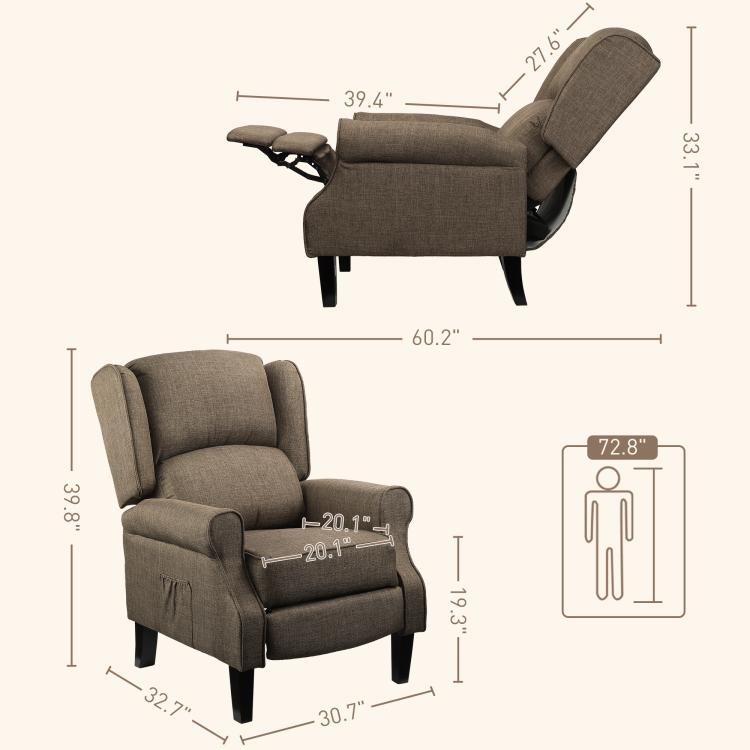 Brown recliner chair with wingback backrest and extended leg support, side view