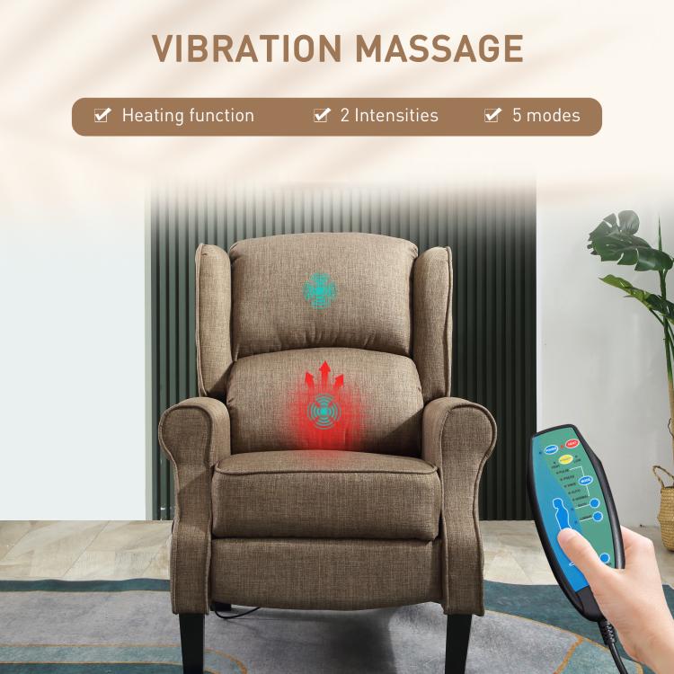 Brown vibration massage recliner chair with headrest and remote control on arm