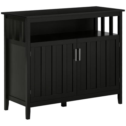 Black sideboard cabinet with two doors, vertical paneling, and open upper shelf