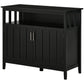 Black buffet cabinet with two doors and open shelf, vertical slat front detail