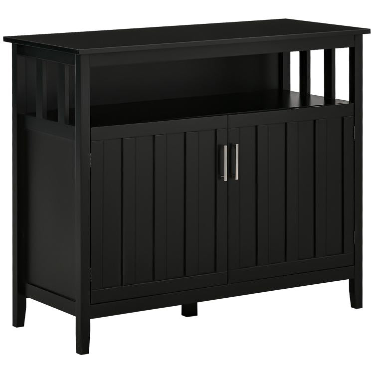 Black coffee bar cabinet with two-panel doors, metal handles, and open shelf
