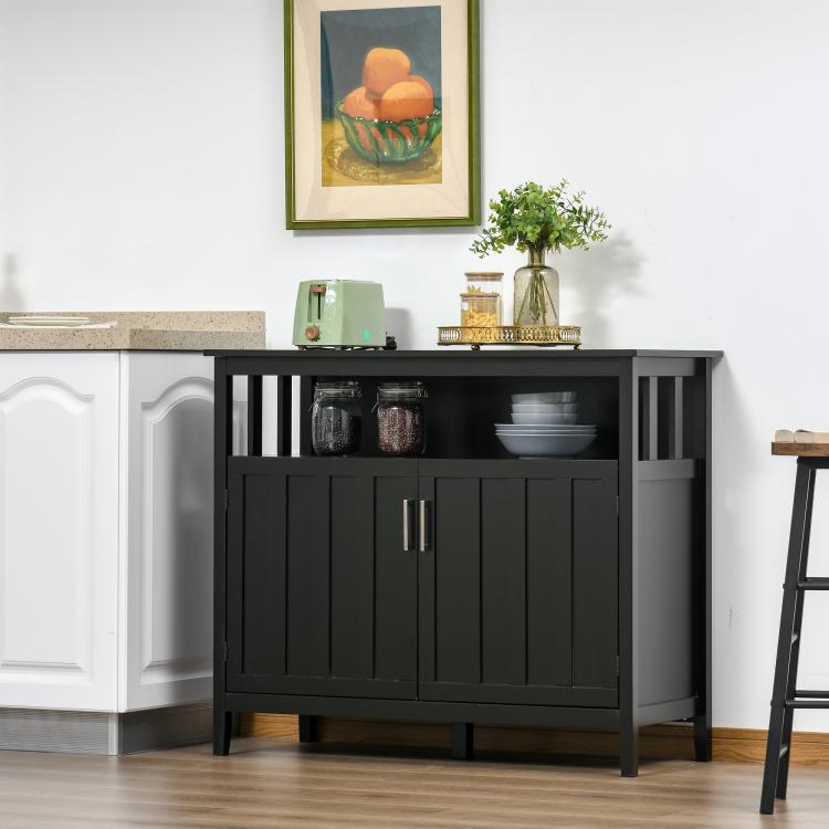 Black sideboard cabinet with open upper shelf, two doors, and metal bar handles