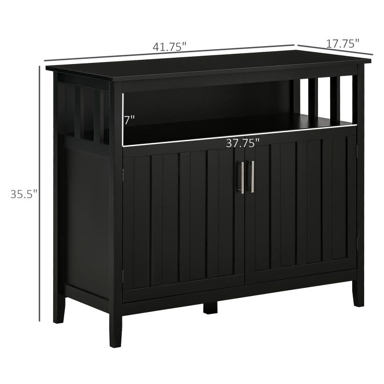 Black buffet cabinet with open shelf top and two paneled doors, squared legs