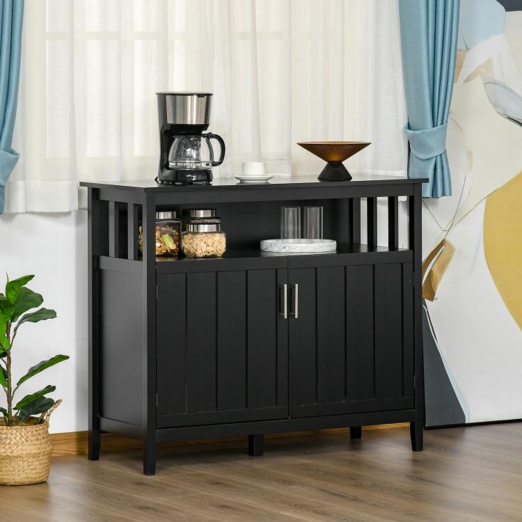 Black entryway coffee cabinet with two cabinet doors and open shelf above