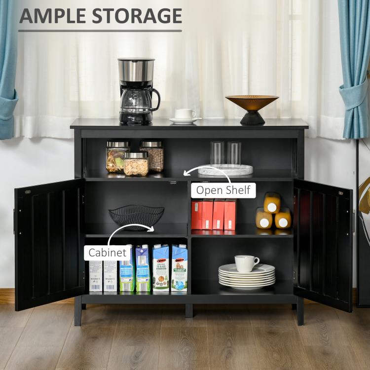 Black sideboard cabinet with doors open to reveal shelves and stored kitchen items