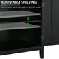 Black adjustable shelving inside sideboard cabinet with metal shelf supports