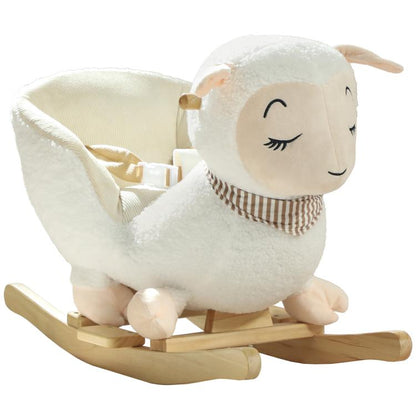 White plush rocking sheep toy with wooden rockers and striped scarf.