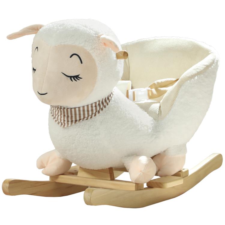 White plush rocking sheep toy in side view with light wood rockers.