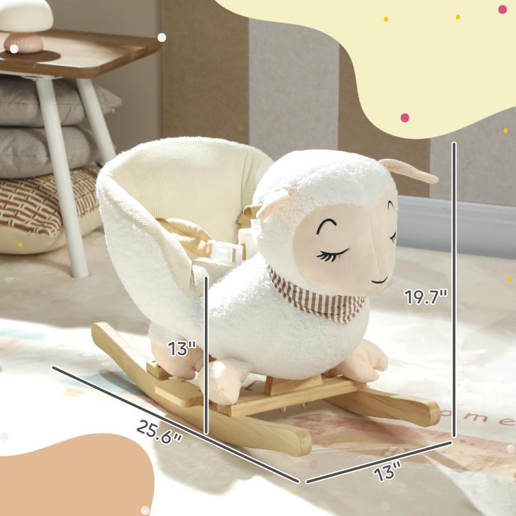 White plush rocking sheep toy on wooden rockers with close-up head and scarf.