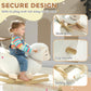 White plush rocking sheep with safety belt and handle on wooden rockers; toddler.