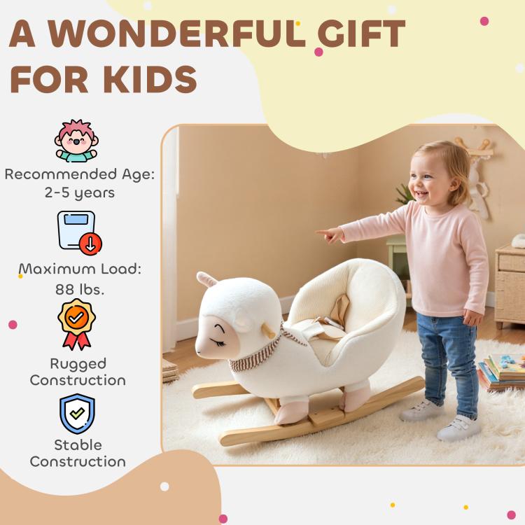 White plush rocking sheep toy with toddler standing beside on wooden rockers.