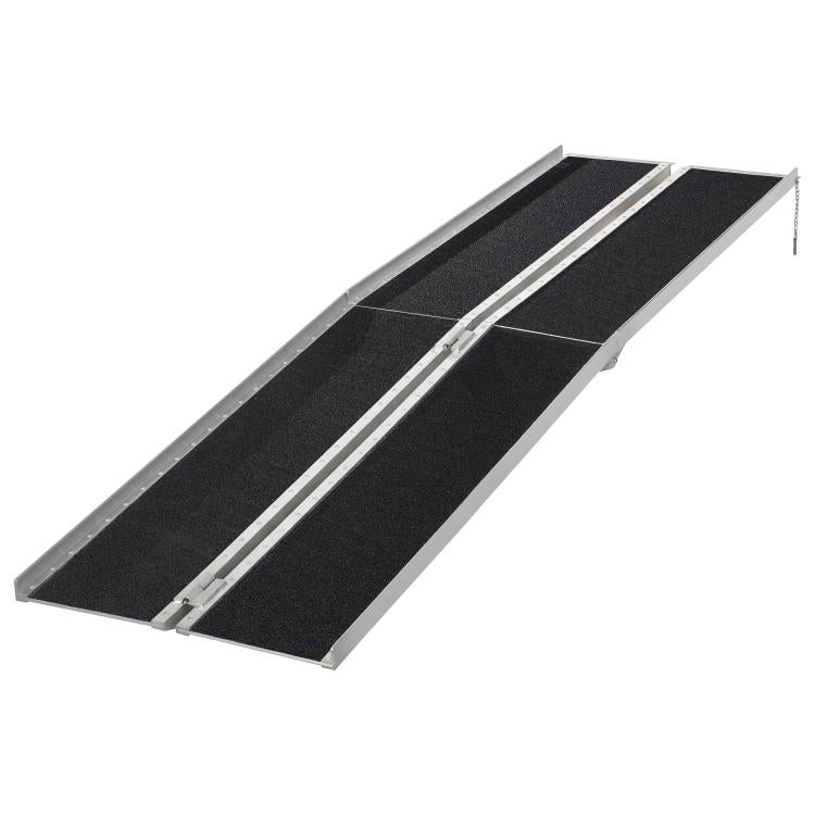Foldable wheelchair ramp, black textured tread with silver support bars