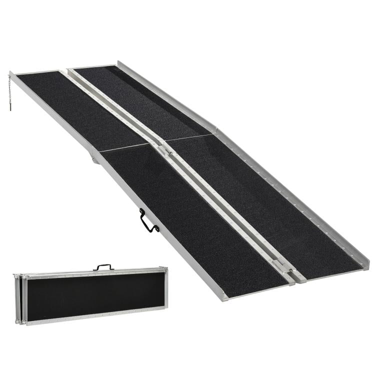 Foldable black wheelchair ramp with skidproof surface and silver metal frame