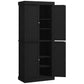 Black freestanding pantry cabinet with two door pairs and open interior shelving